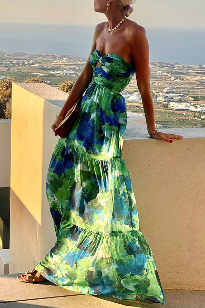 Elegant Vacation Print Patchwork Strapless Strapless Dress Dresses