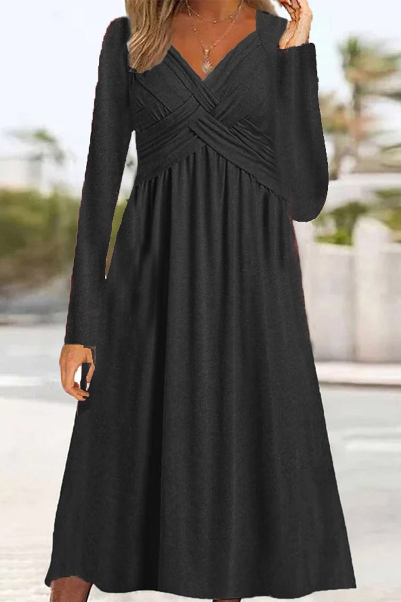 Casual Solid Patchwork V Neck Long Sleeve Dresses