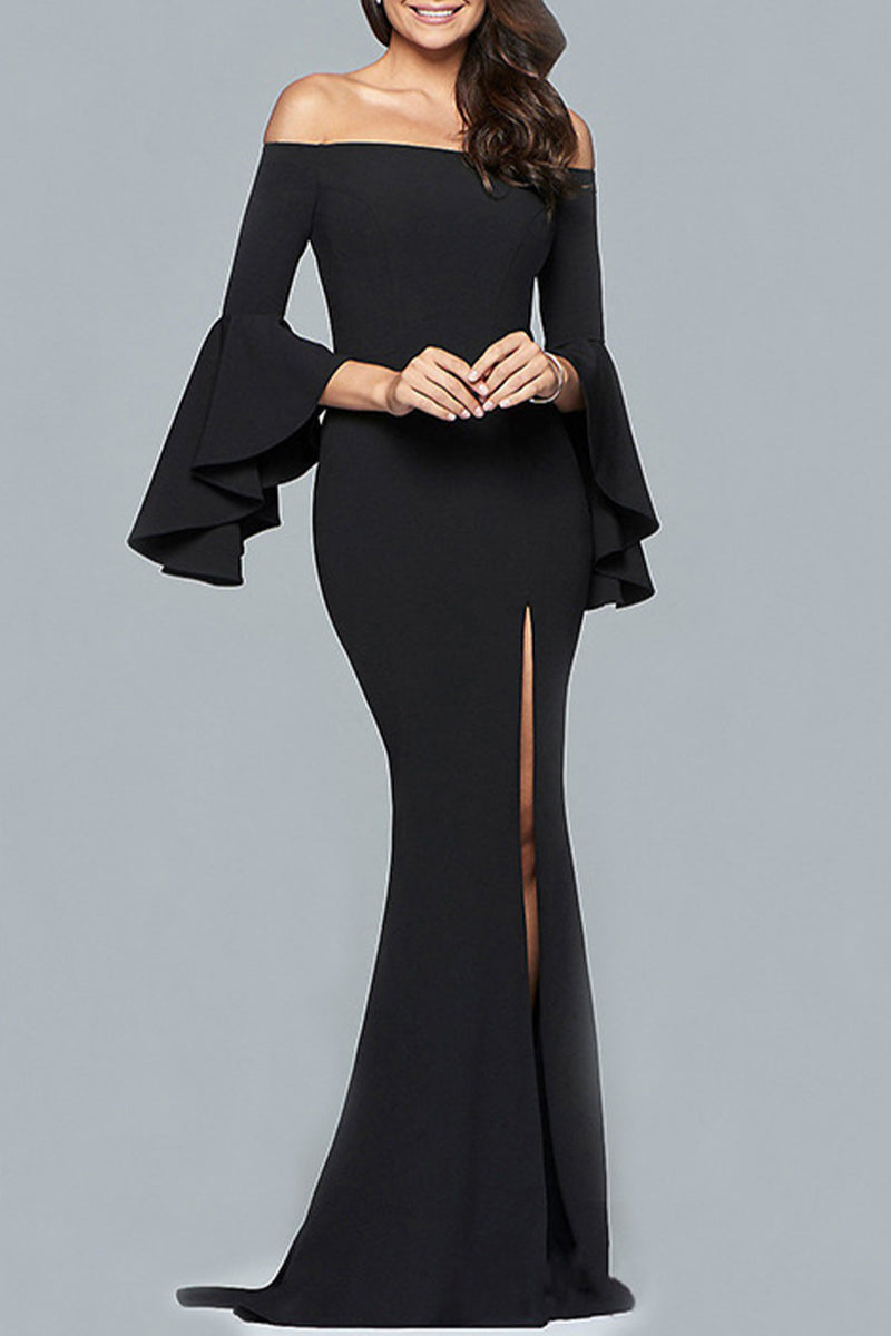 Elegant Solid Flounce Off the Shoulder Evening Dress Dresses