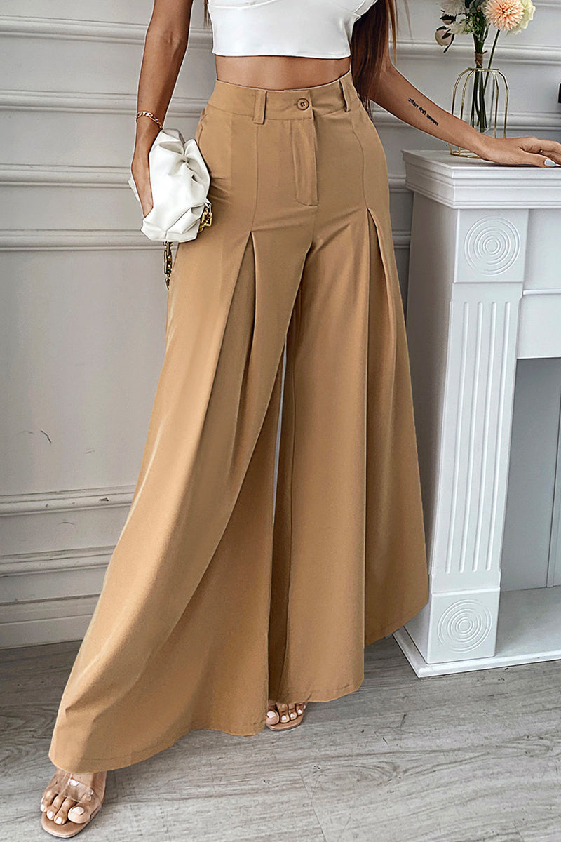 Elegant Solid Fold Loose Wide Leg Solid Color Bottoms(No Belt)