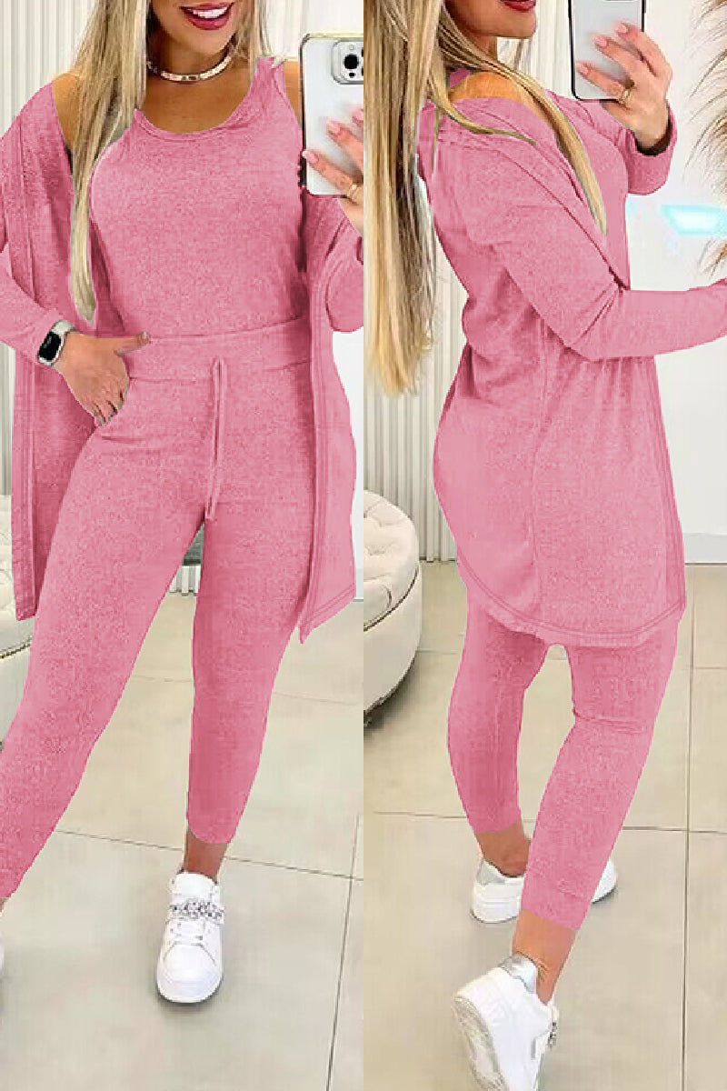 Casual Solid Basic O Neck Long Sleeve Three Piece Set(7 Colors)