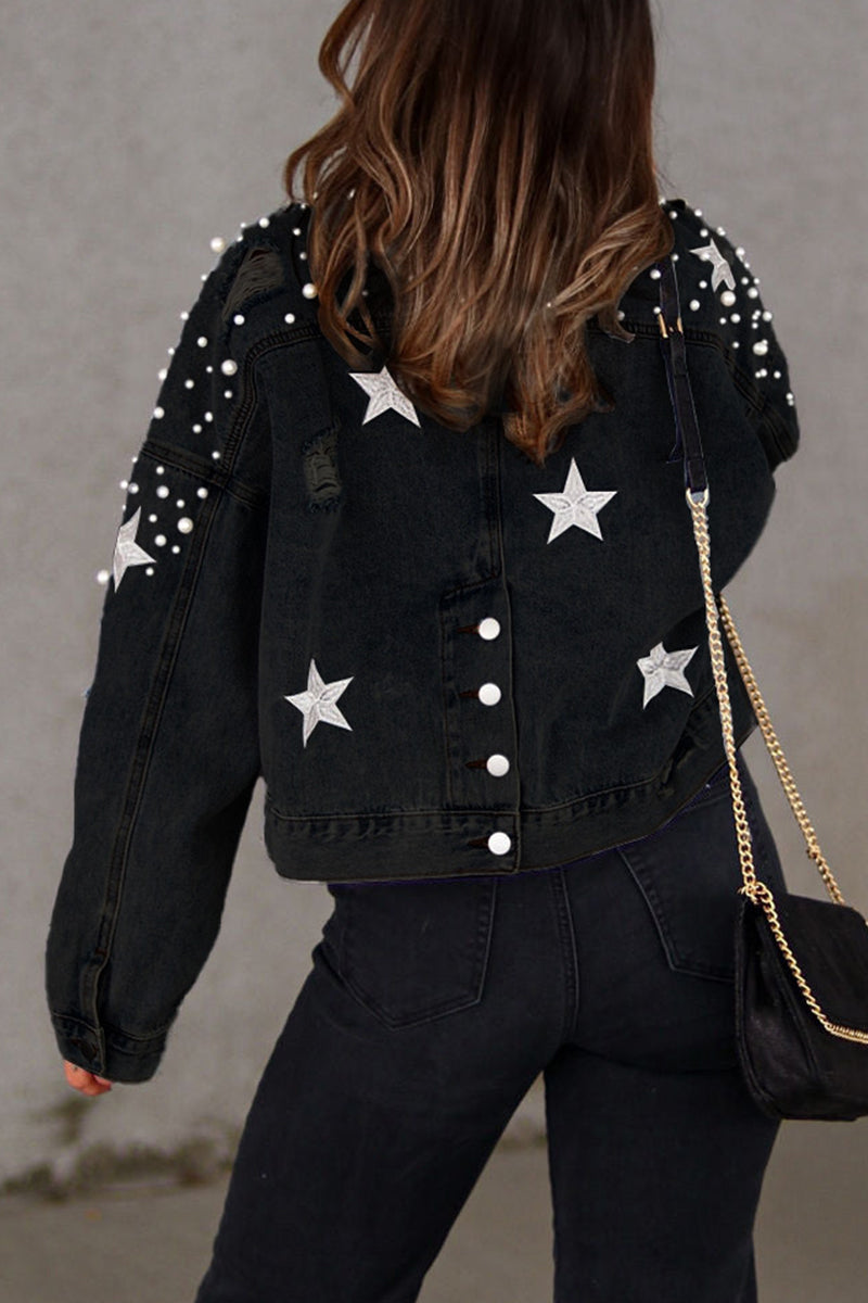 Casual Solid Beading Turndown Collar Long Sleeve Denim Jacket(3 Colors)