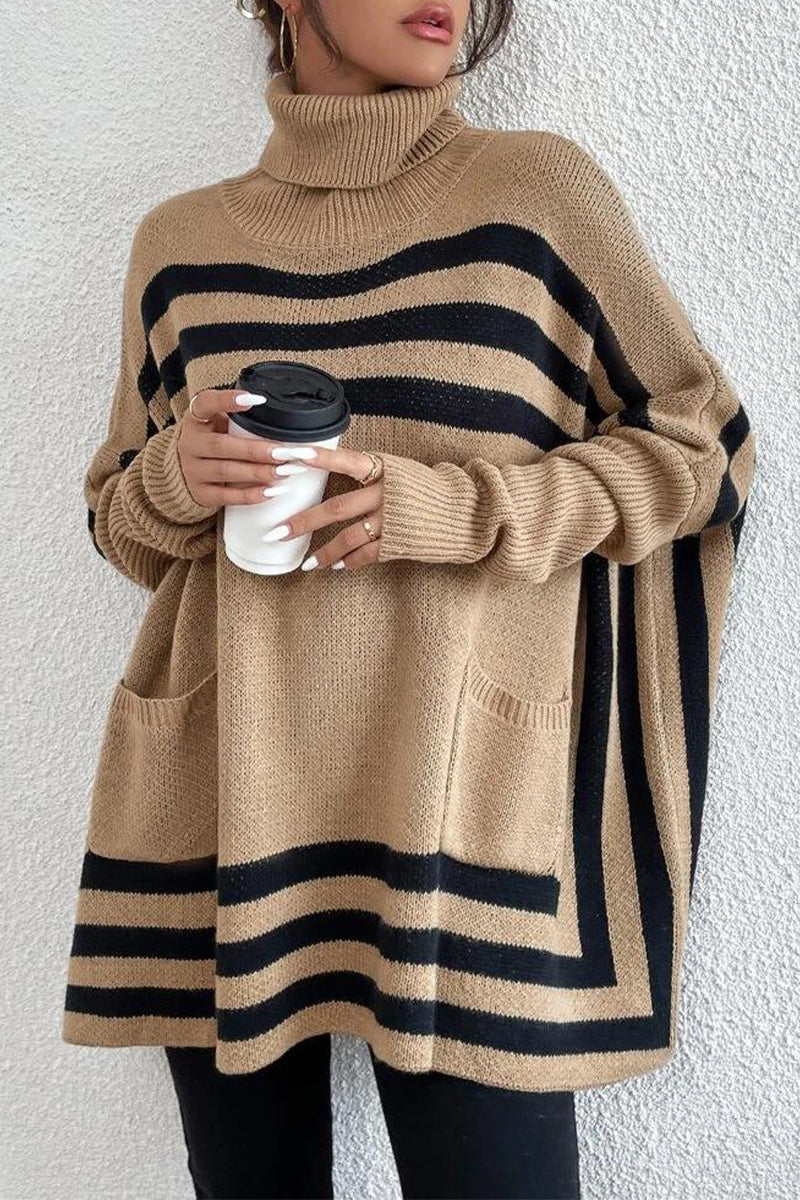 Street Striped Patchwork Pocket Turtleneck Tops