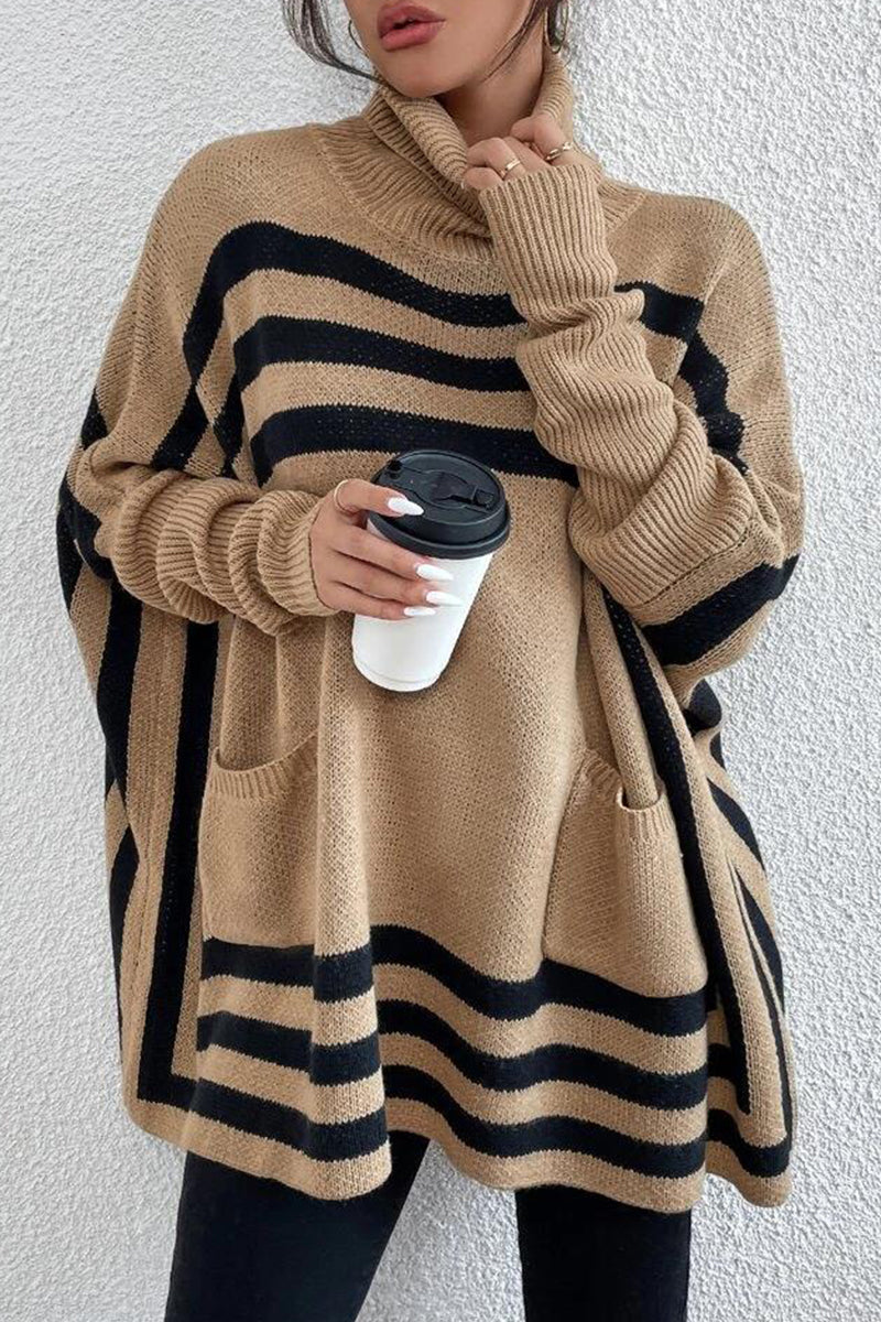 Street Striped Patchwork Pocket Turtleneck Tops