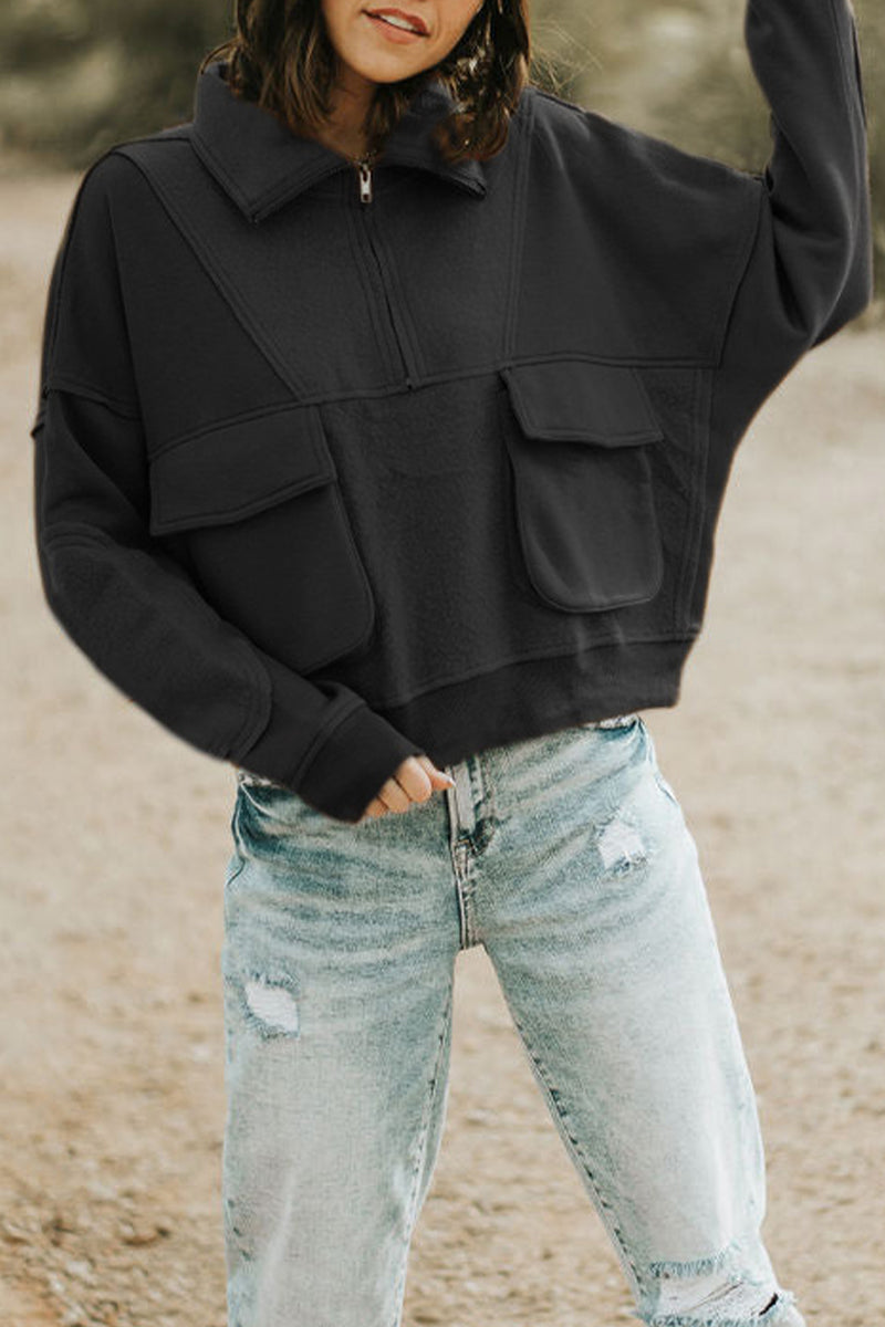 Casual Solid Zipper Turndown Collar Tops