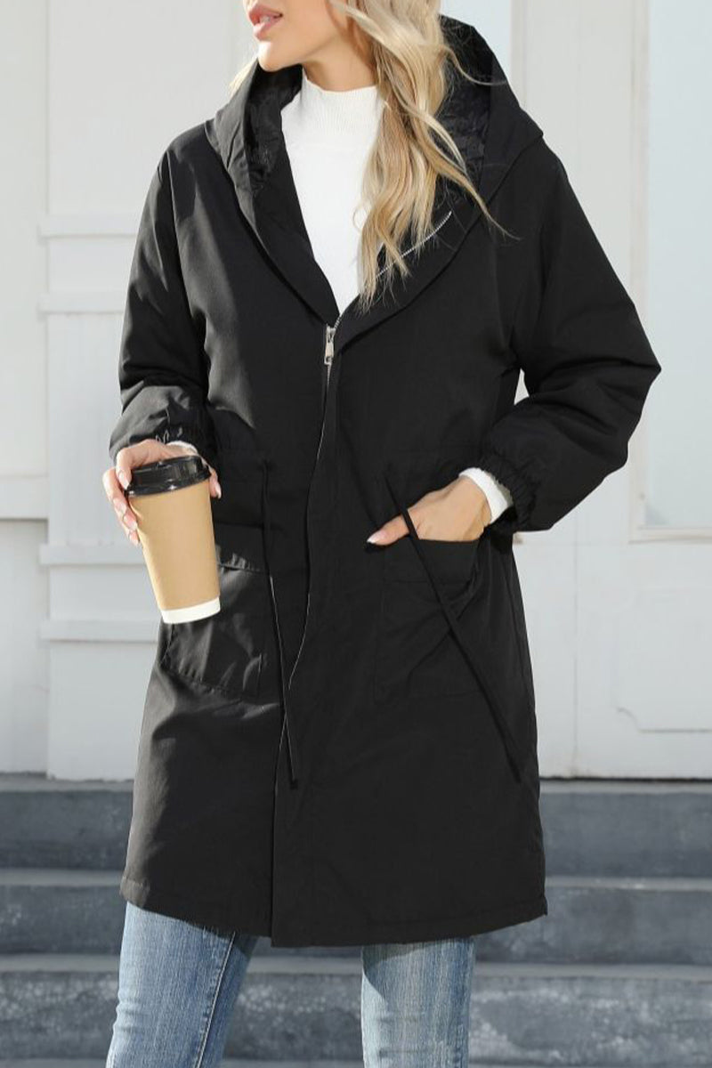 Elegant Solid Pocket Hooded Collar Outerwear