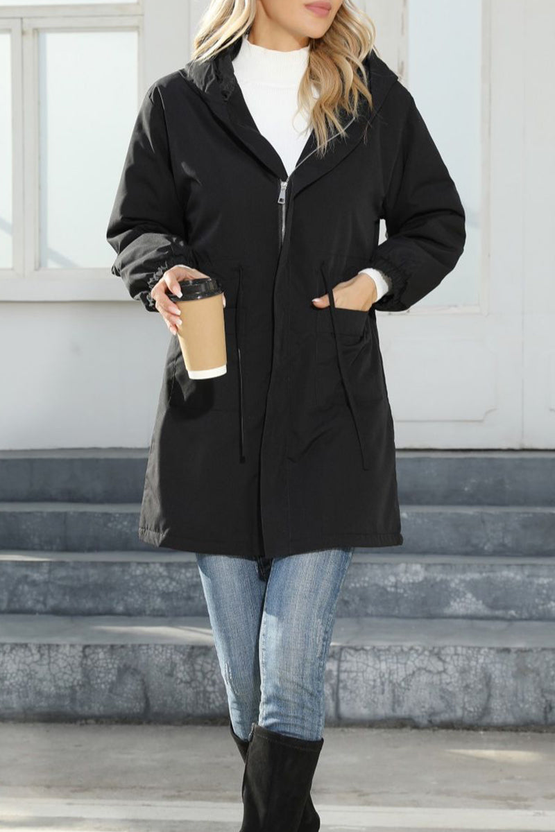 Elegant Solid Pocket Hooded Collar Outerwear