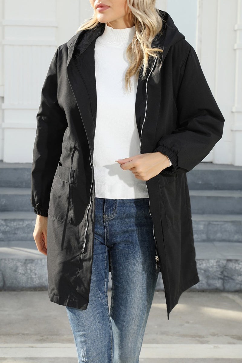 Elegant Solid Pocket Hooded Collar Outerwear