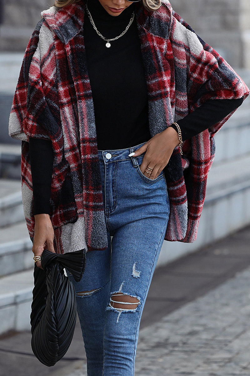 Street British Style Plaid Contrast Hooded Collar Outerwear