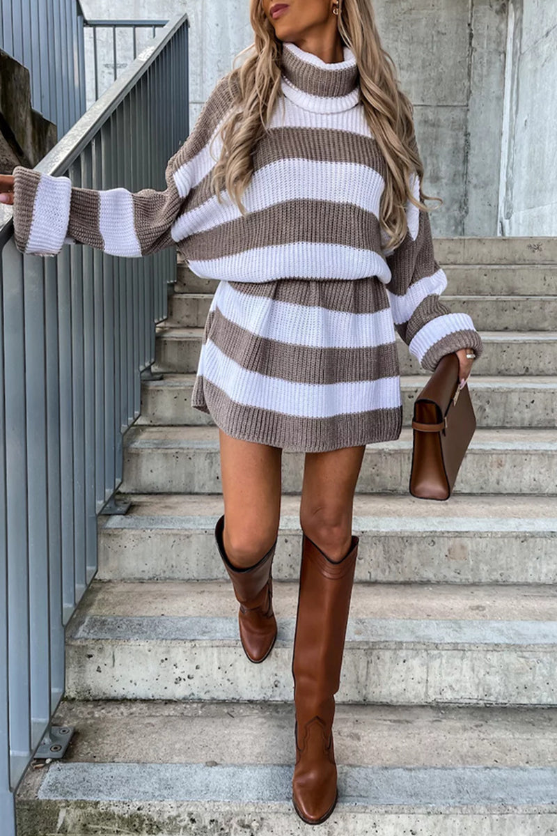 Casual Striped Patchwork Turtleneck Long Sleeve Dresses