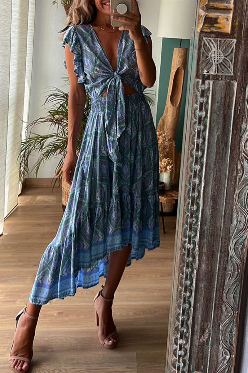 Sexy Vacation Floral Bandage V Neck Printed Dress Dresses