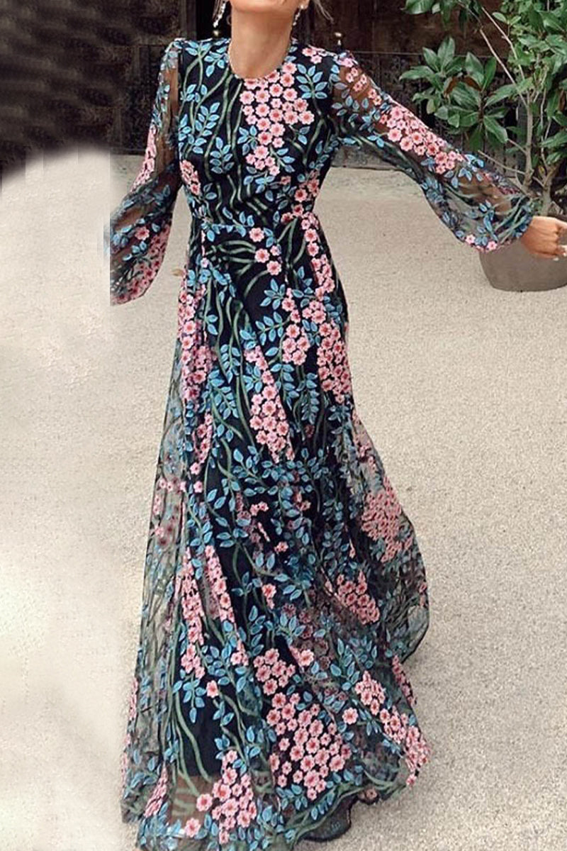 Elegant Floral Patchwork O Neck Printed Dress Dresses