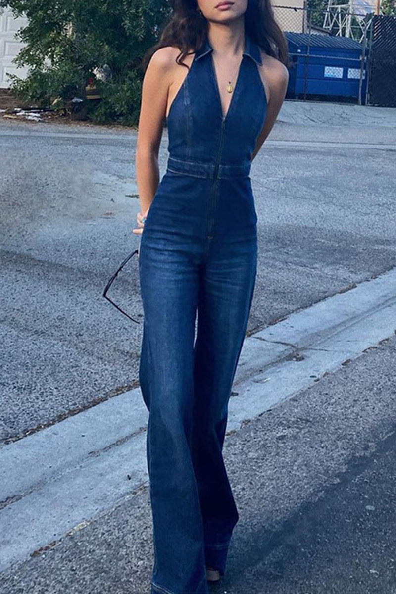 Casual Street Solid Zipper V Neck Sleeveless Regular Denim Jumpsuits