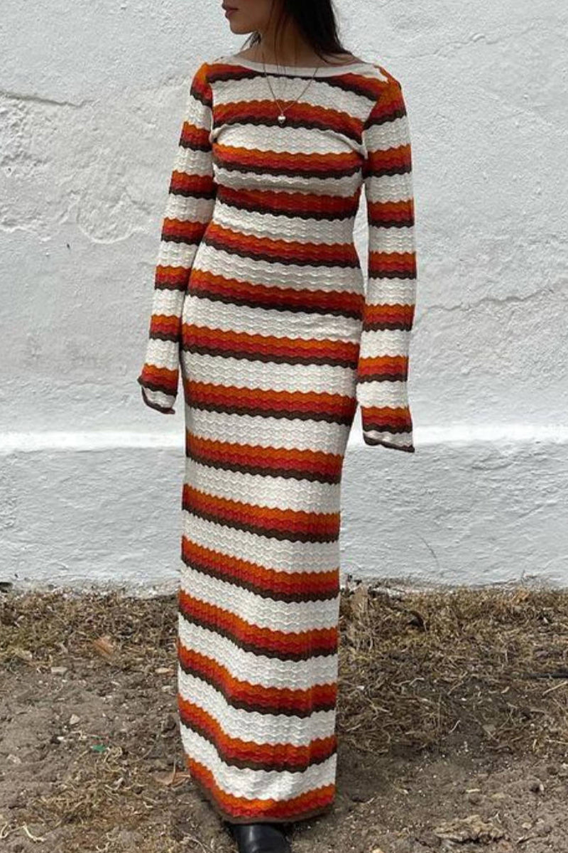 Casual Vacation Striped Contrast O Neck Long Sleeve Dresses