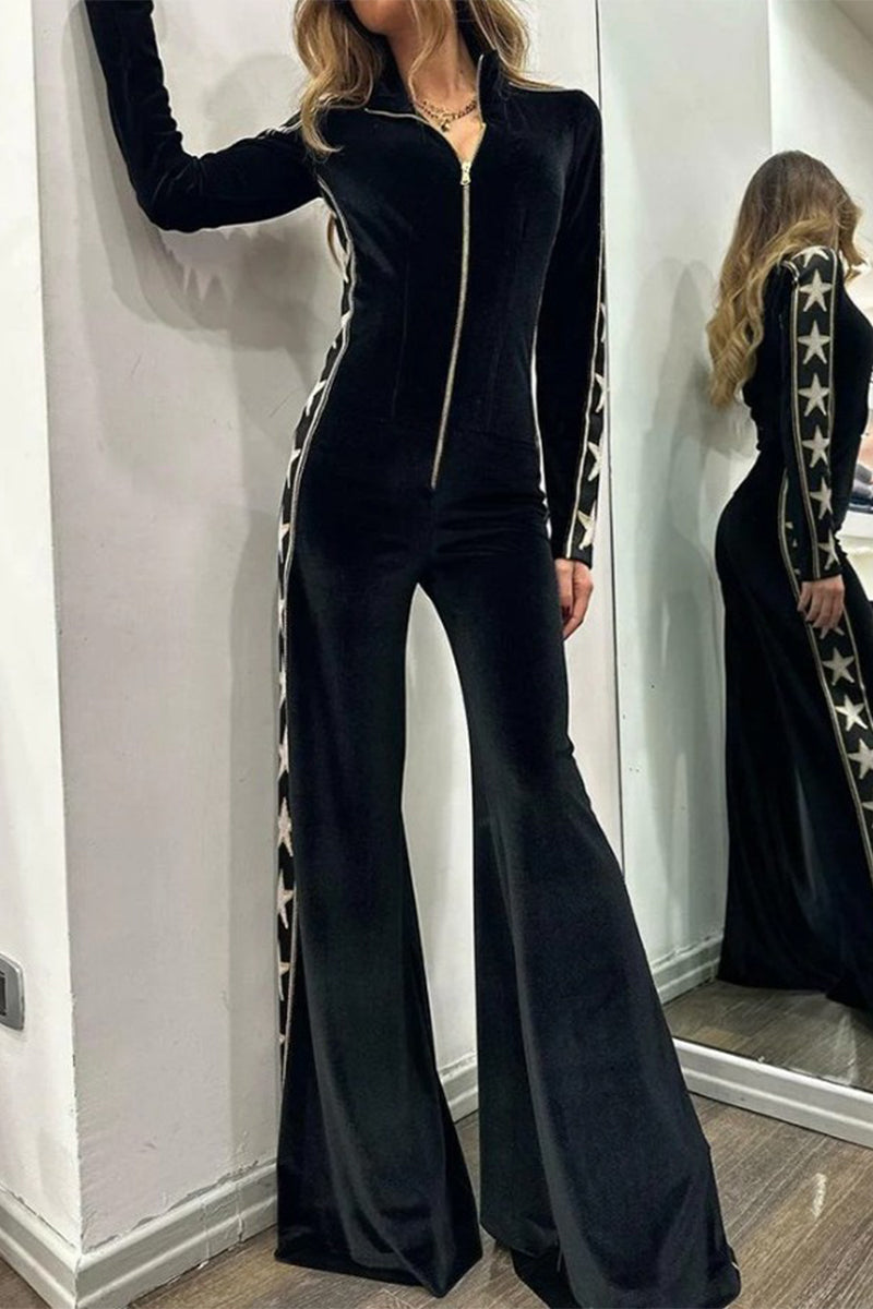 Casual Solid Patchwork Zipper Half A Turtleneck Regular Jumpsuits