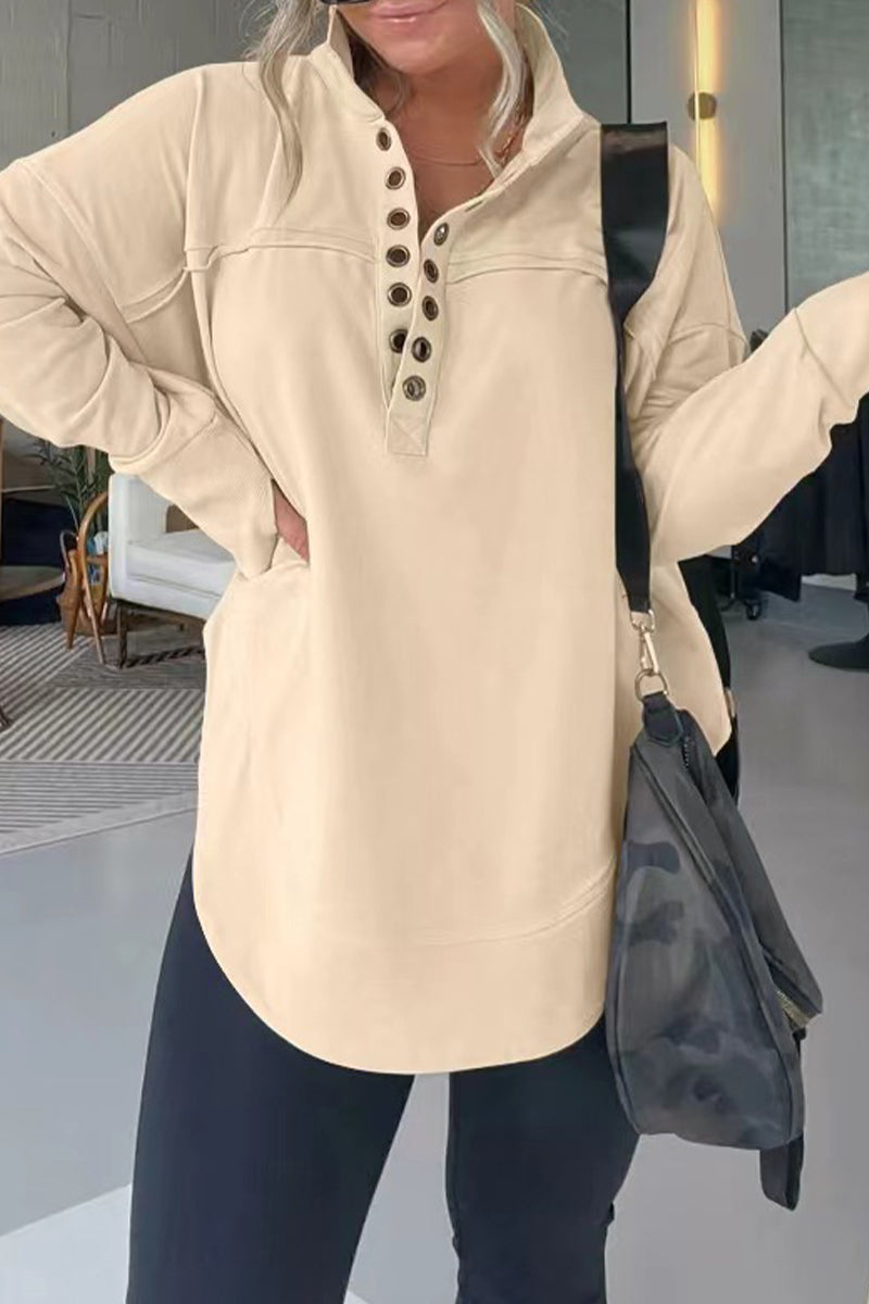 Casual Simplicity Solid Buckle Mandarin Collar Tops