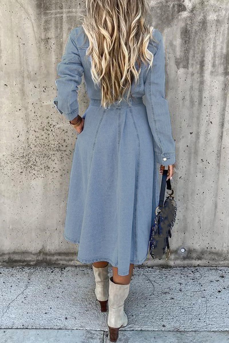 Work Elegant Solid Patchwork Pocket Frenulum Buckle Turndown Collar Long Sleeve High Waist Regular Denim Dresses