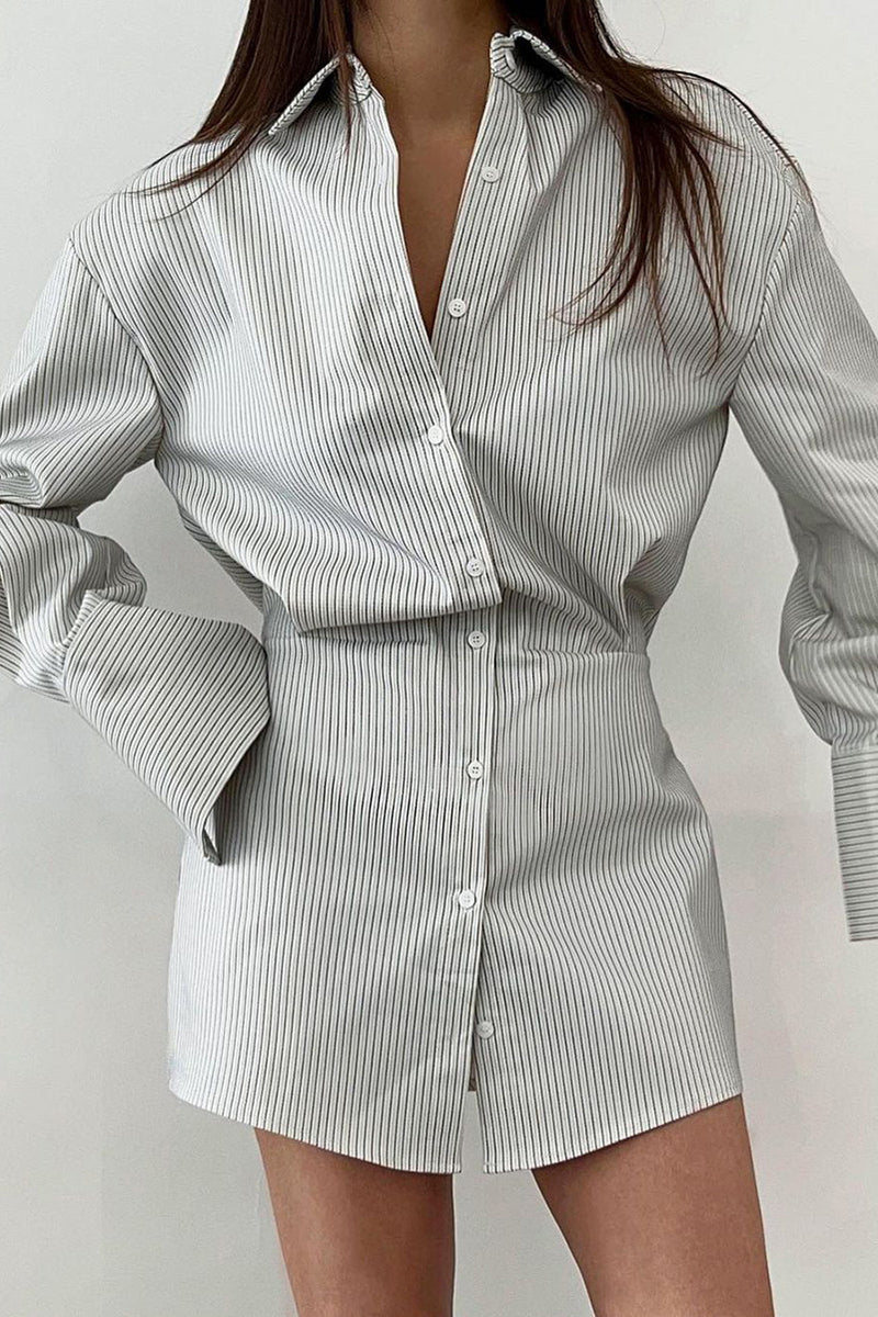 Elegant Striped Patchwork Buttons Turndown Collar Shirt Dress Dresses