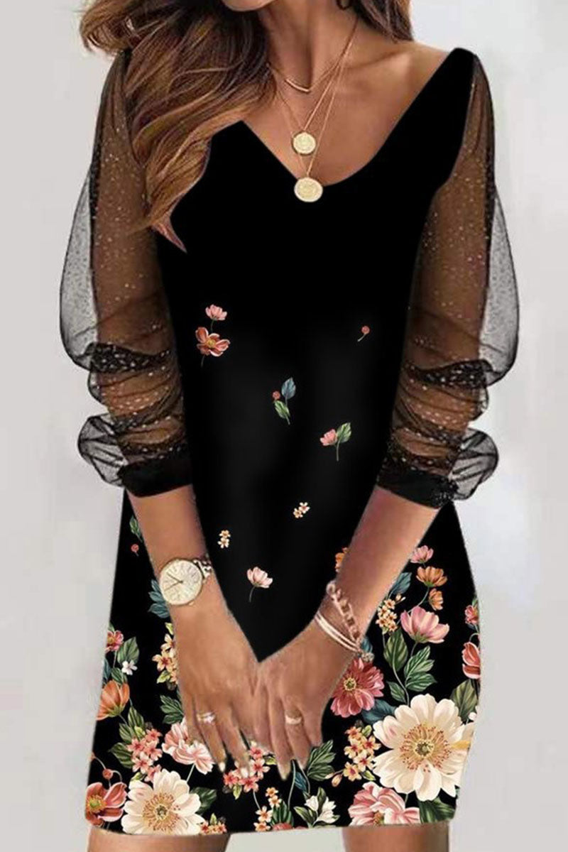 Casual Print Mesh V Neck Straight Dresses