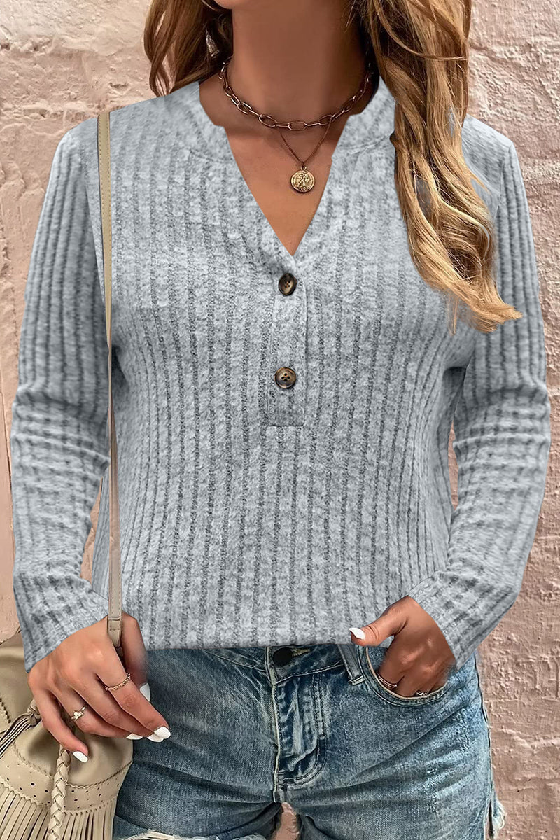 Casual Solid Buttons V Neck Tops