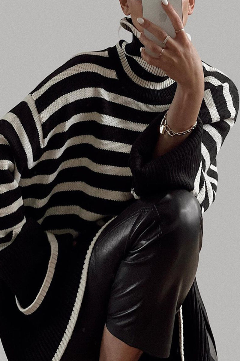 Casual Striped Slit Asymmetrical Turtleneck Tops