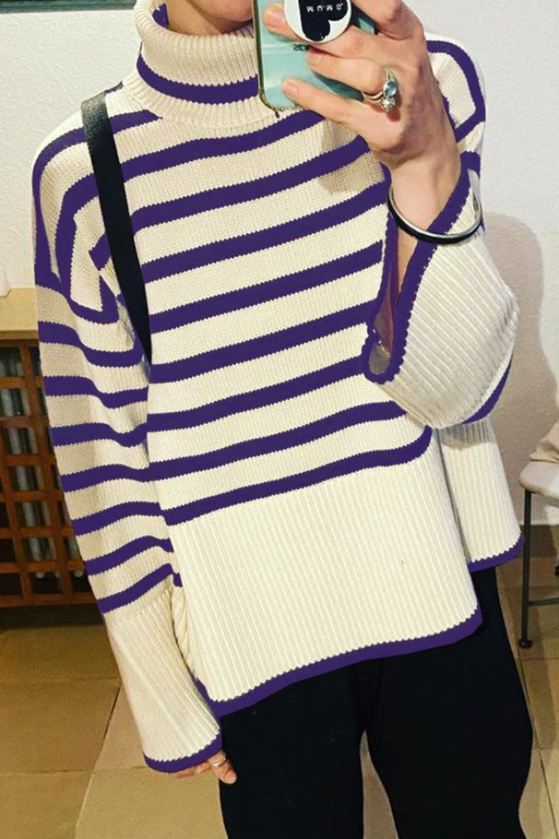 Casual Striped Slit Asymmetrical Turtleneck Tops