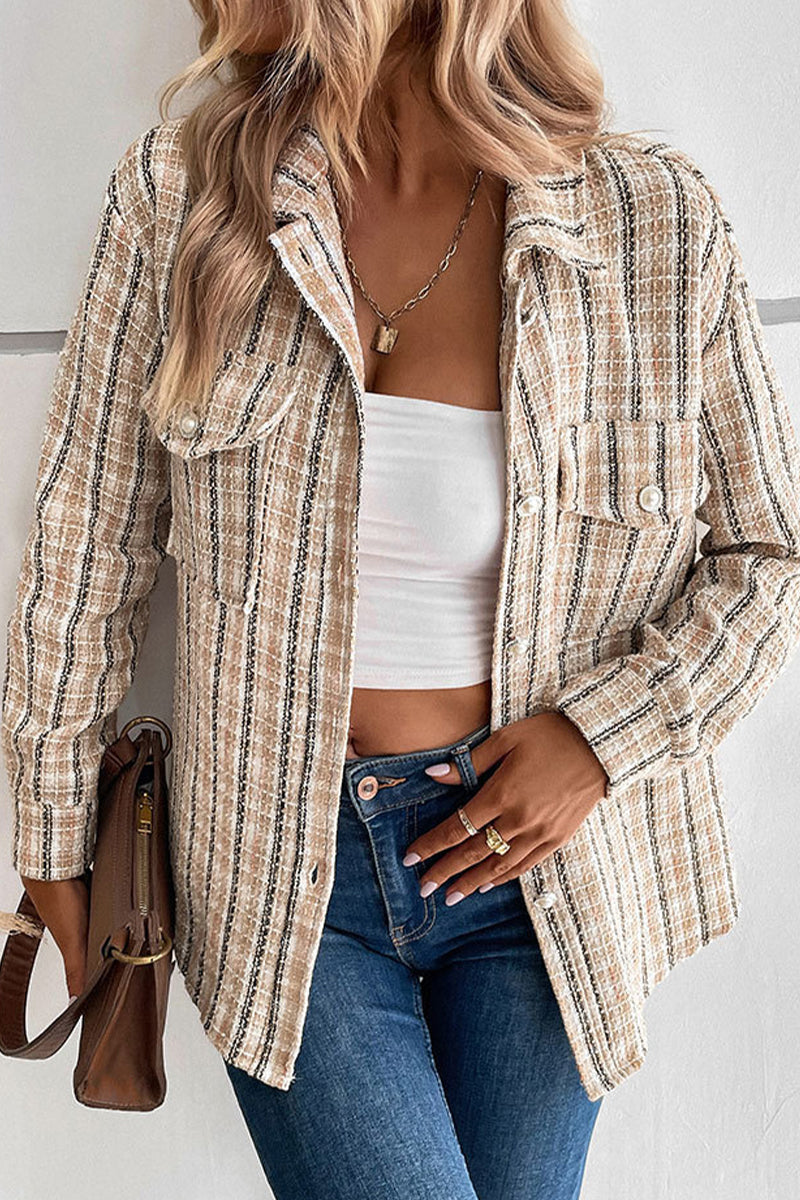 Elegant Plaid Weave Turndown Collar Outerwear