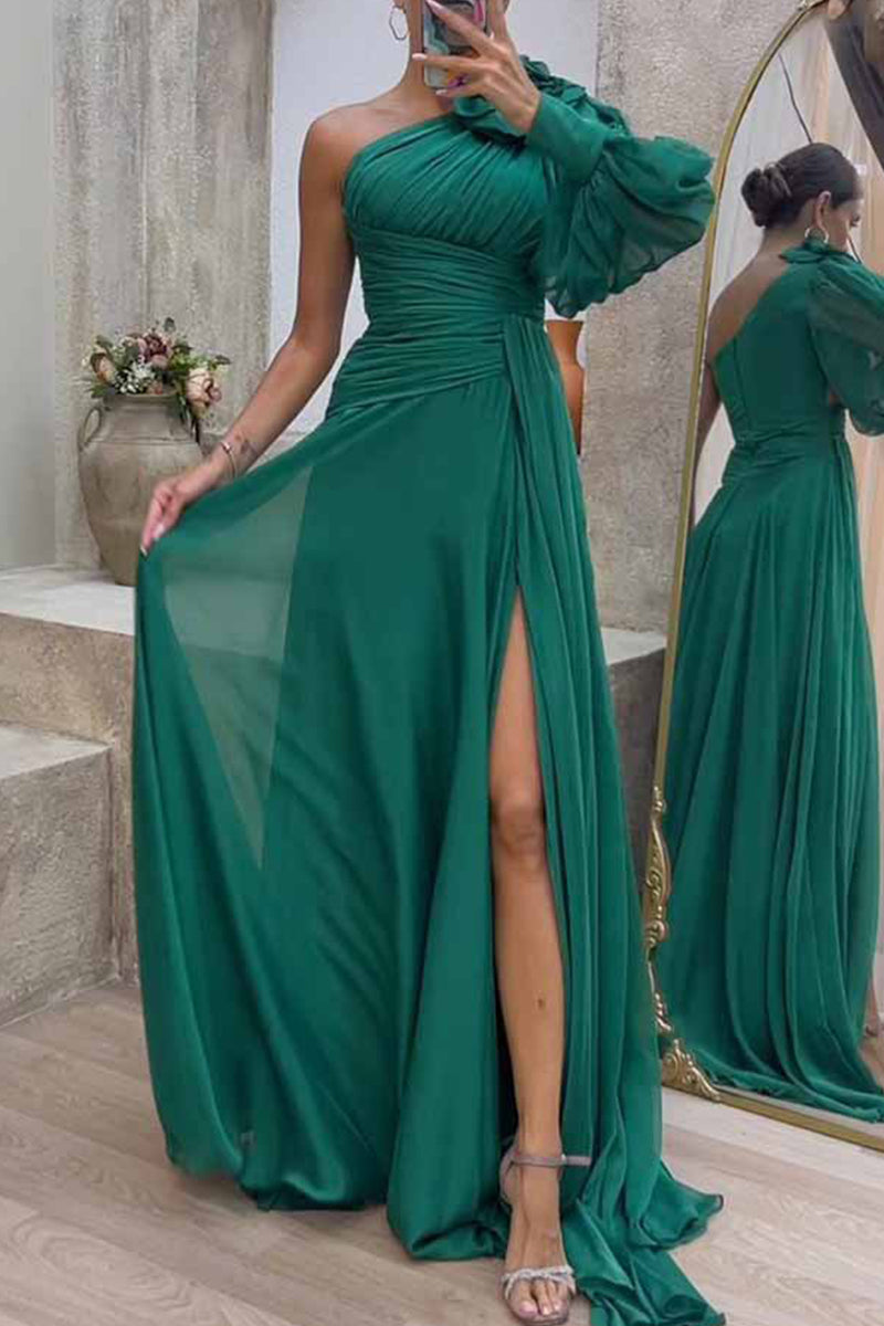 Elegant Solid Fold Oblique Collar Evening Dress Dresses(3 Colors)