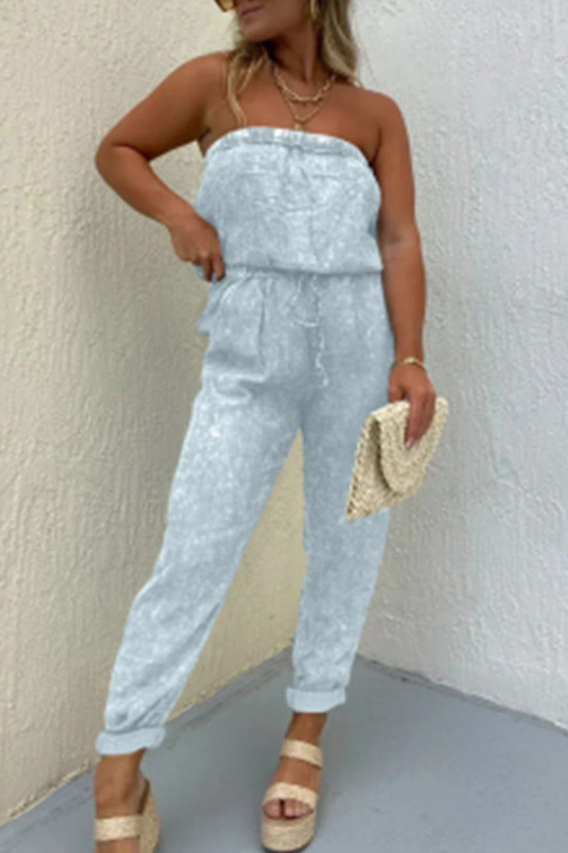 Casual Solid Make Old Pocket Strapless Regular Jumpsuits