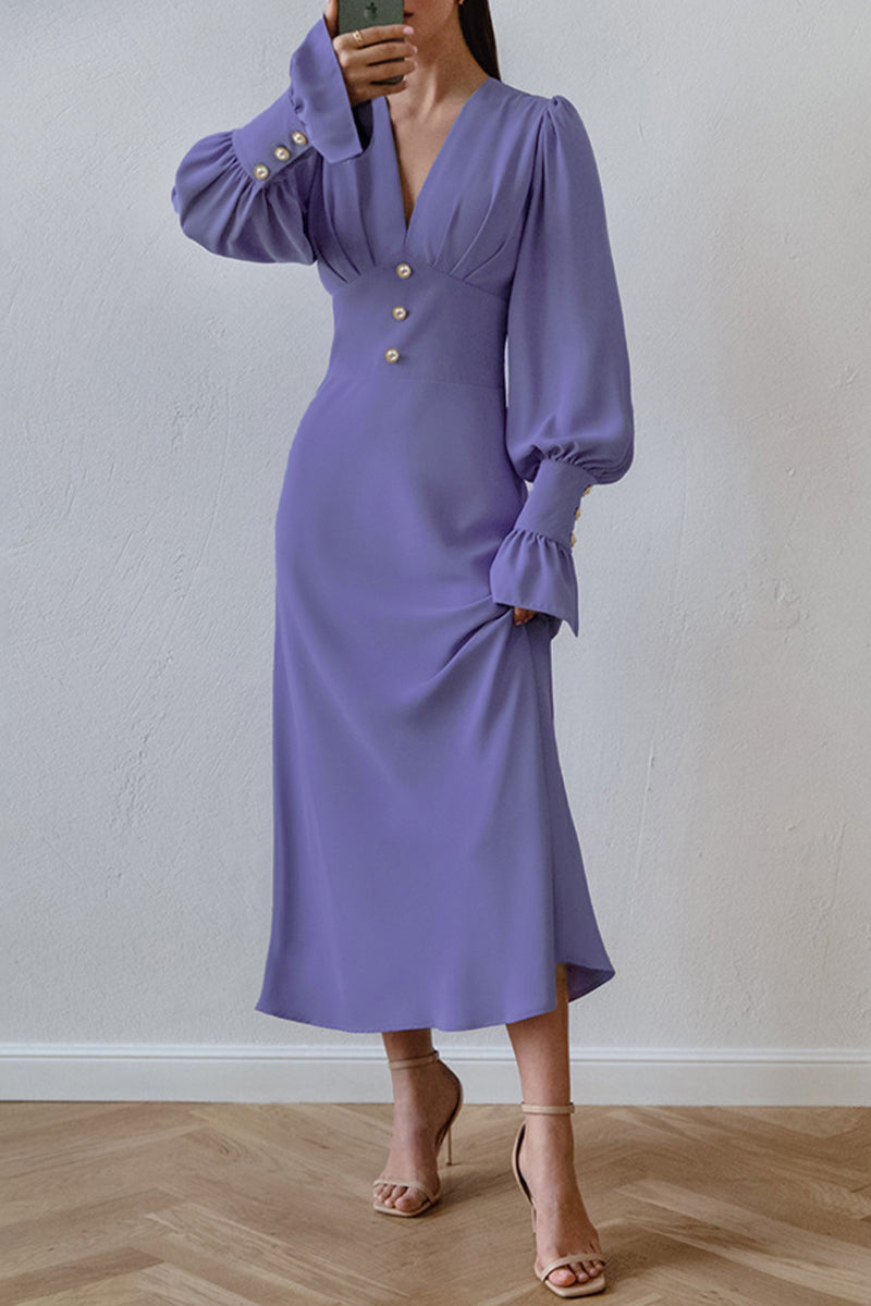 Elegant Simplicity Solid Buttons V Neck A Line Dresses