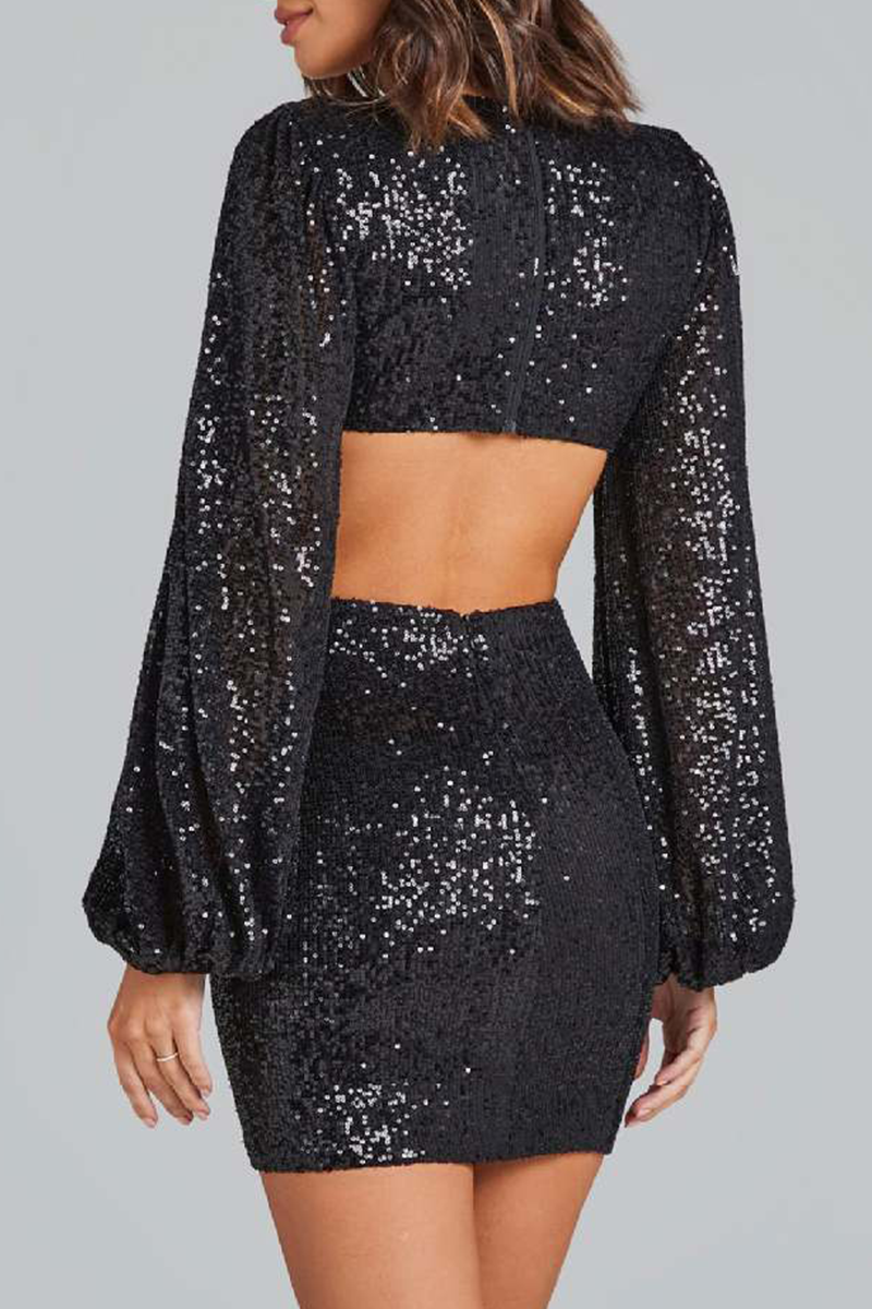 Sexy Solid Sequins Sequined V Neck Wrapped Skirt Dresses