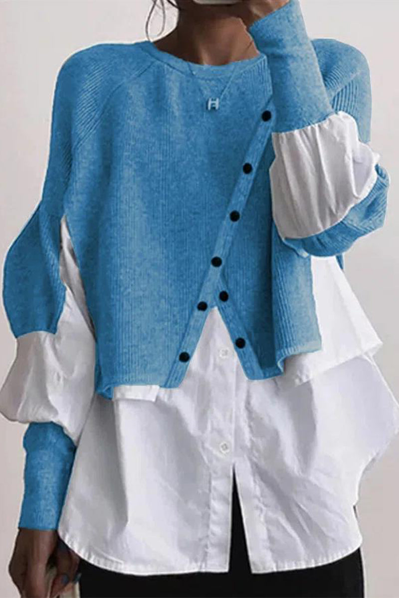 Casual Solid Patchwork Buttons O Neck Tops