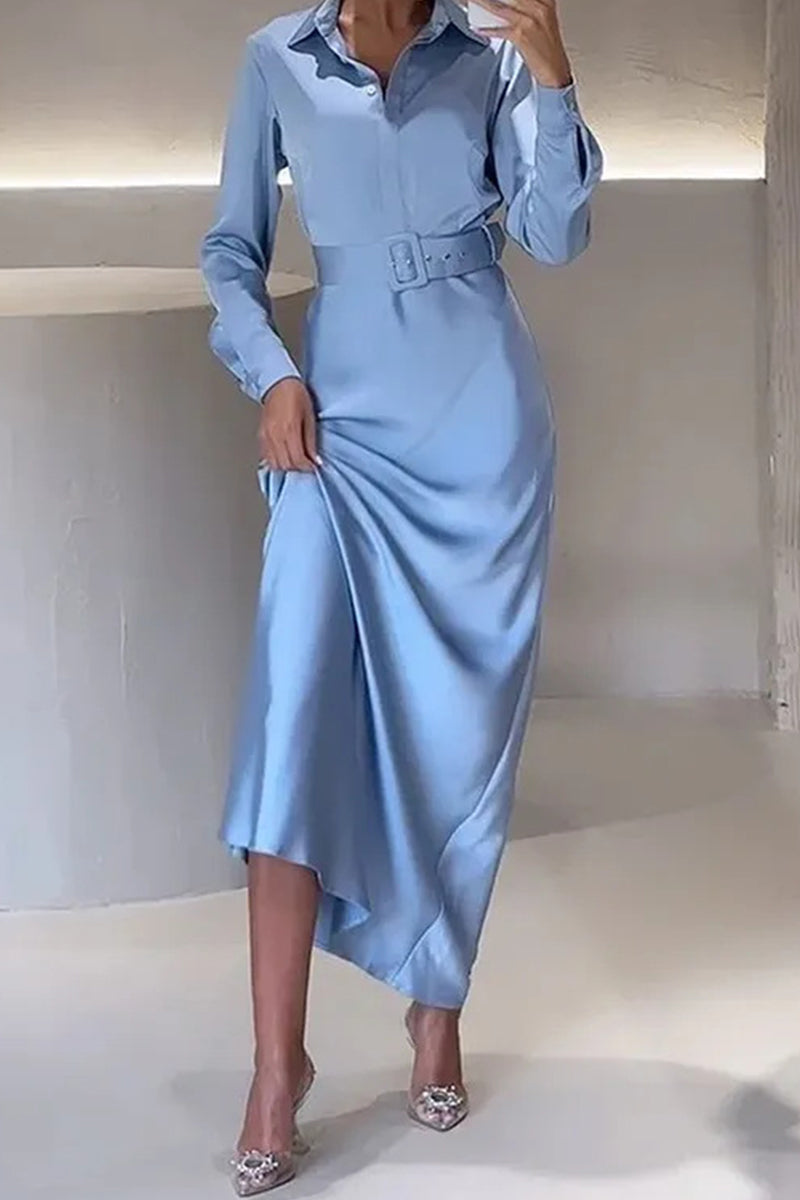 Elegant Solid With Belt Turndown Collar Shirt Dress Dresses