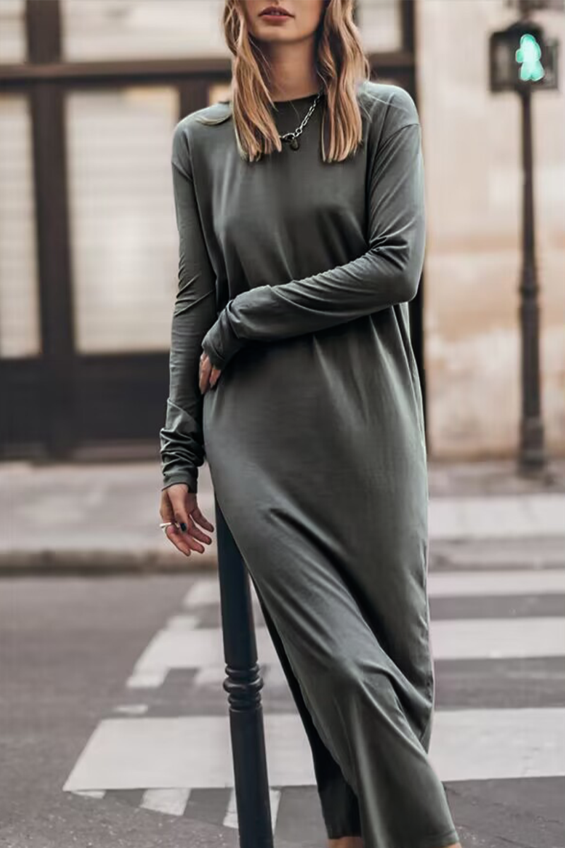 Casual Solid Slit O Neck Long Sleeve Dresses