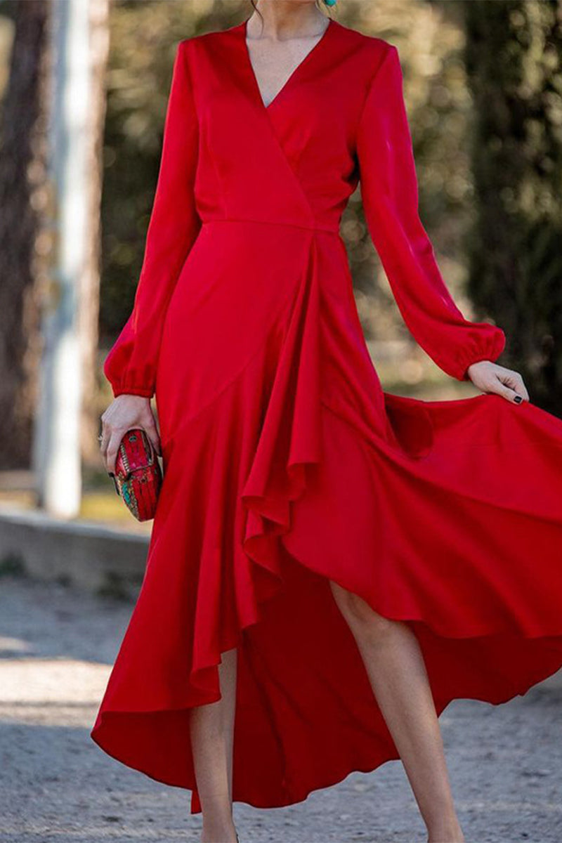 Elegant Solid Flounce V Neck A Line Dresses