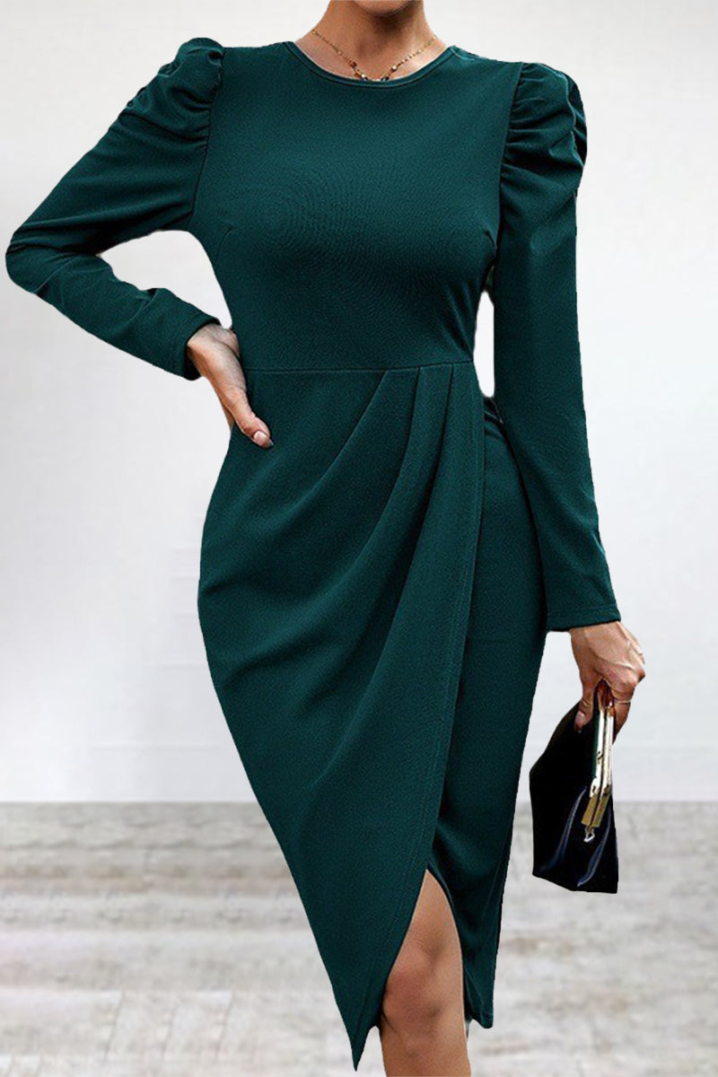 Elegant Solid Slit Asymmetrical O Neck Irregular Dress Dresses