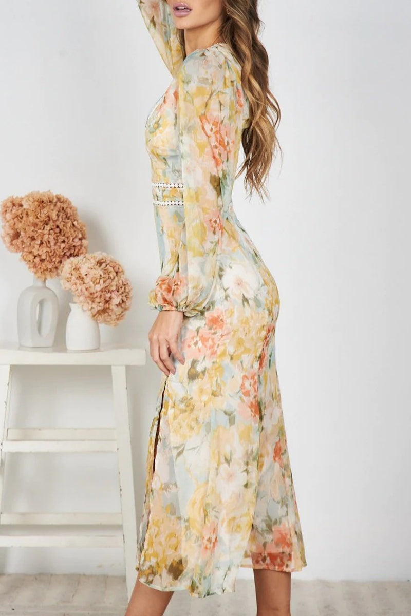 Elegant Floral Patchwork V Neck Irregular Dress Dresses