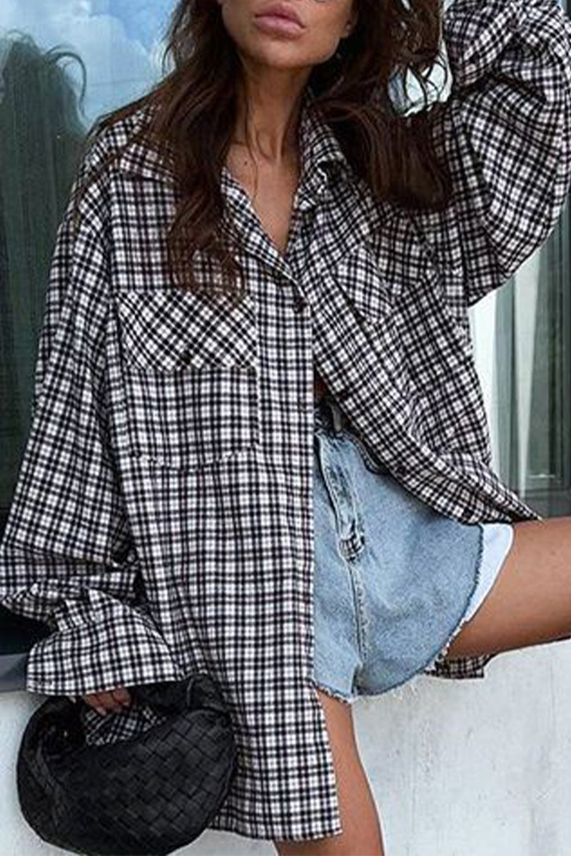 Casual Plaid Buttons Contrast Turndown Collar Tops