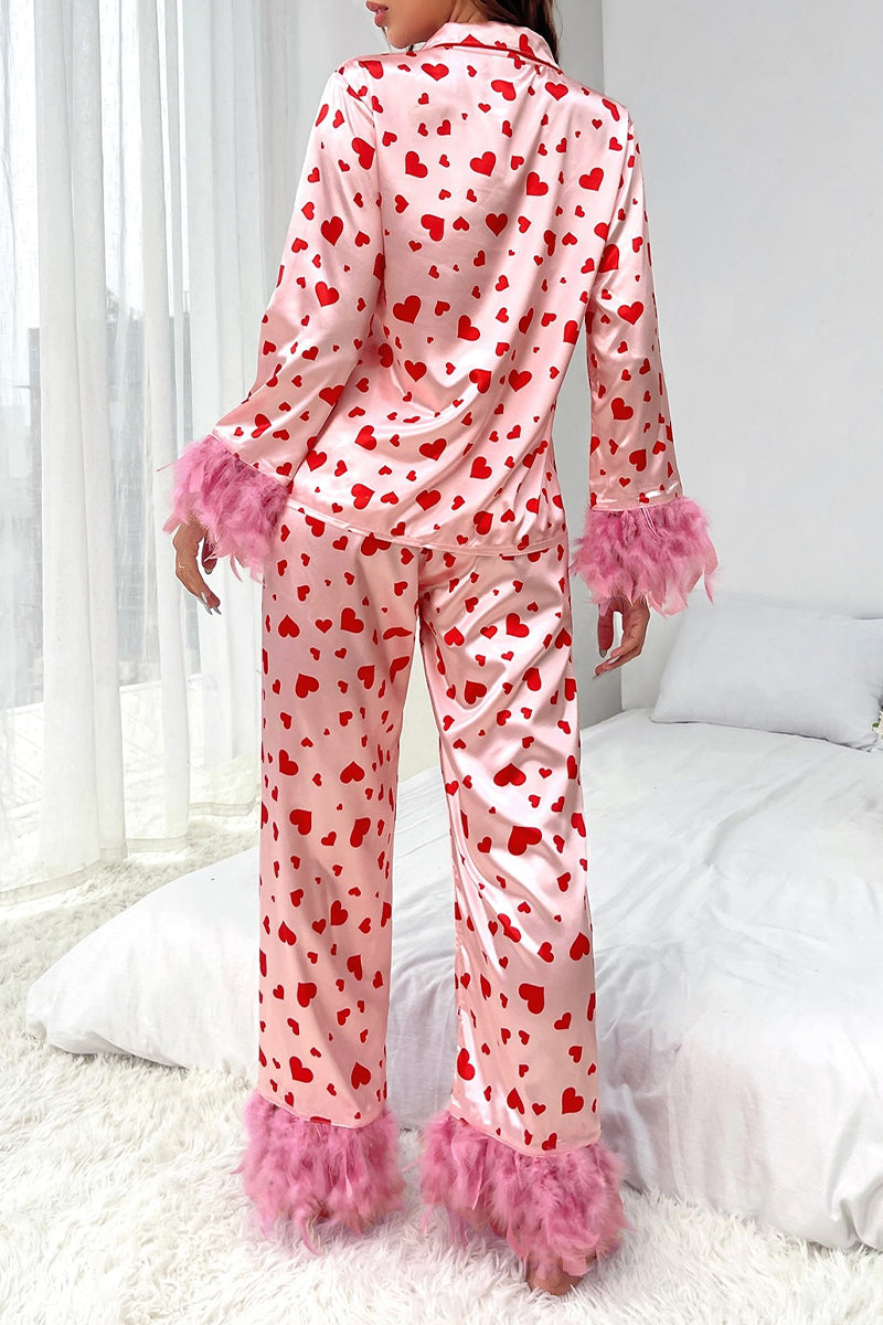 Casual Sweet Geometric Print Feathers Valentines Day Sleepwear