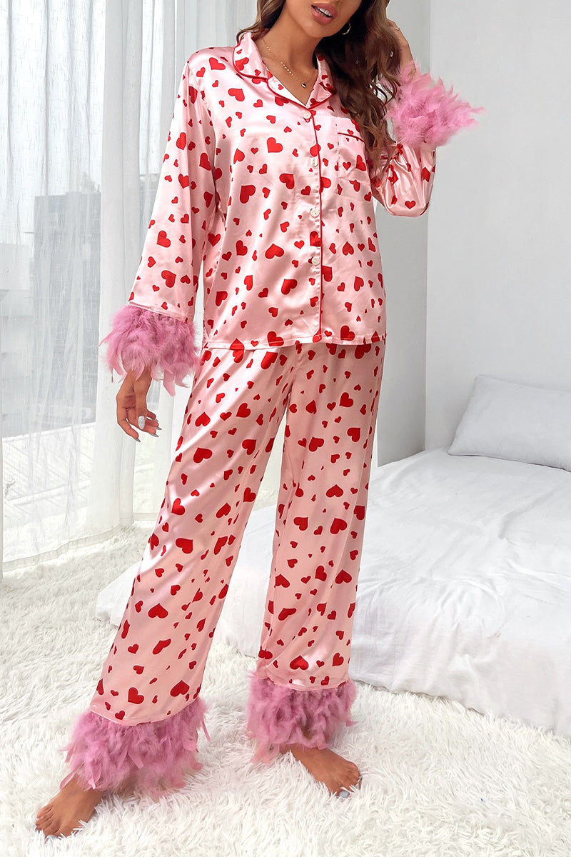 Casual Sweet Geometric Print Feathers Valentines Day Sleepwear