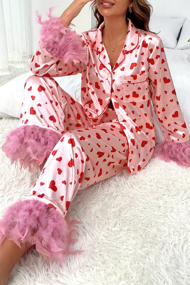 Casual Sweet Geometric Print Feathers Valentines Day Sleepwear