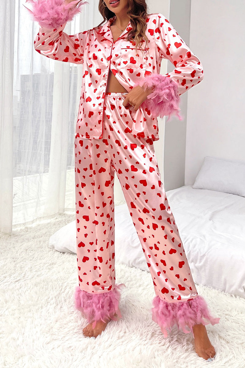 Casual Sweet Geometric Print Feathers Valentines Day Sleepwear