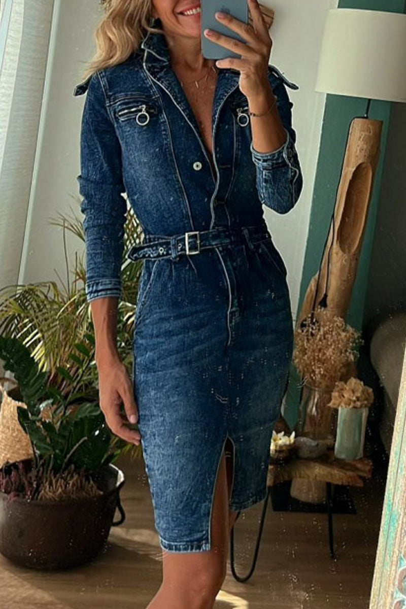 Casual Vintage Solid Make Old Turndown Collar Long Sleeve Regular Denim Dresses