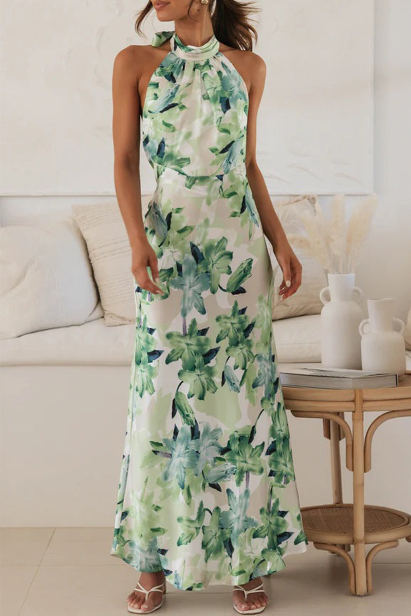 Cute Elegant Floral Backless Halter Printed Dress Dresses(3 Colors)