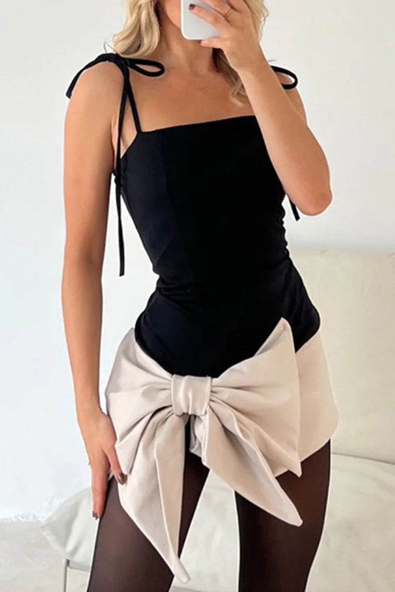 Sexy Formal Solid Frenulum With Bow Square Collar Sling Dress Dresses(3 Colors)