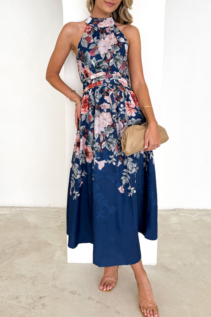 Vintage Elegant Flowers Fruit printing Fold Halter Printed Dress Dresses