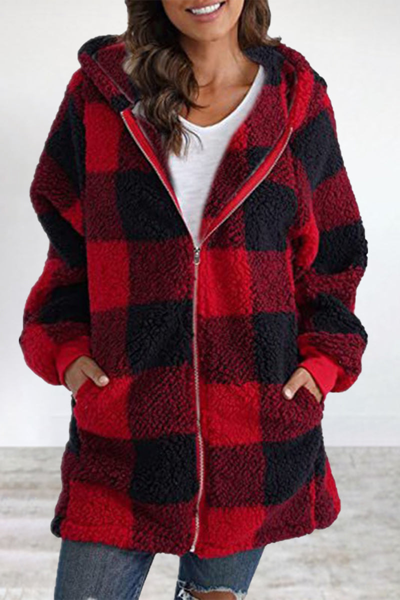 Casual Plaid Frenulum Contrast Zipper Hooded Collar Outerwear