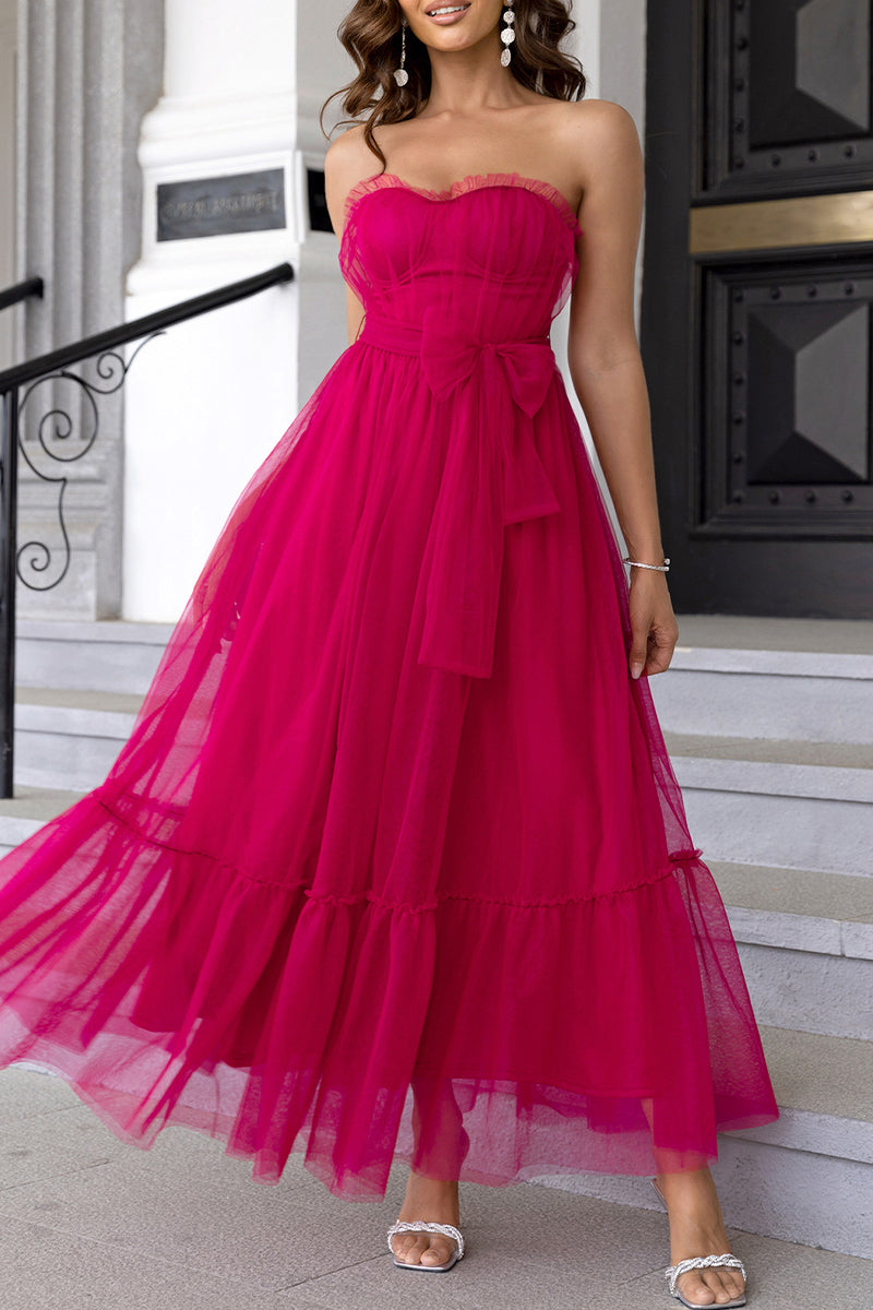 Elegant Formal Solid Frenulum Flounce With Bow Strapless Evening Dress Dresses