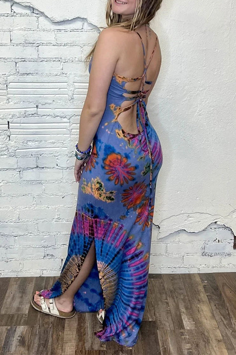 Sexy Vintage Print Tie Dye Backless Slit U Neck Sling Dress Dresses