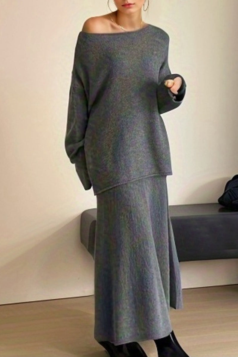 Elegant Solid O Neck Long Sleeve Two Pieces